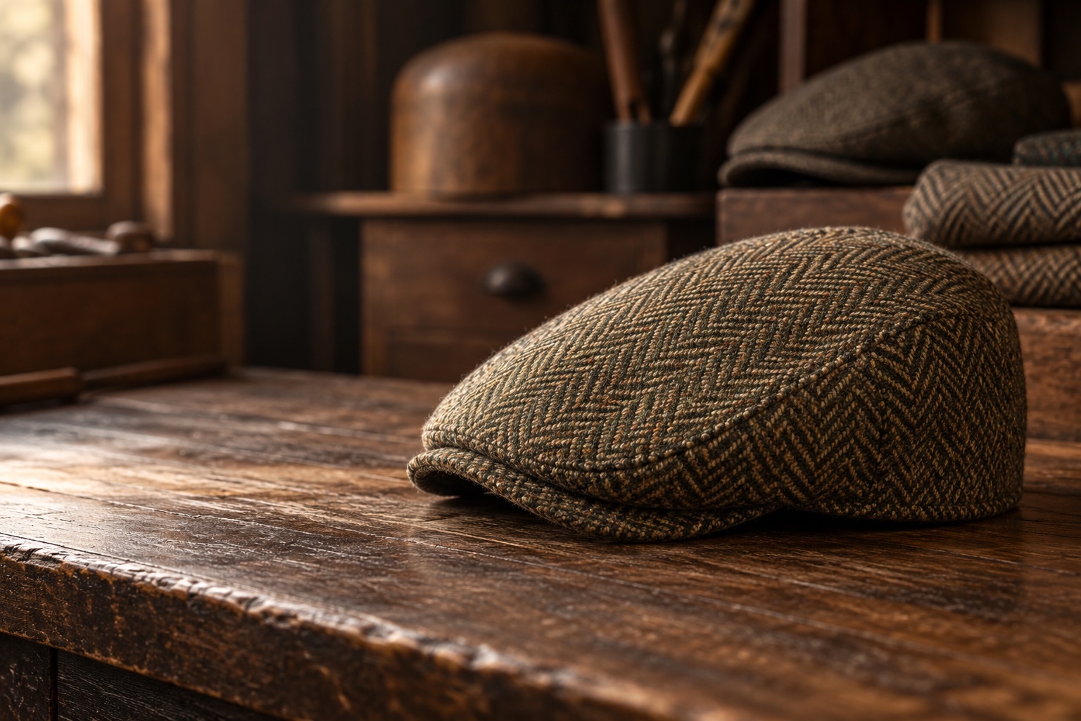 Herringbone tweed flat cap on a wooden table in a warmly lit hatmaker’s studio